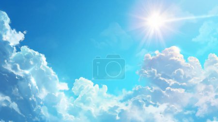Bright sun shining over a clear blue sky filled with fluffy white clouds.