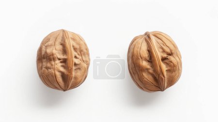 Two whole walnuts with textured brown shells on a plain white background, showcasing their natural patterns.