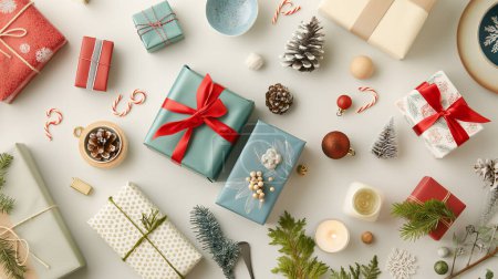 Foto de Regalos y decoraciones de Navidad organizados festivamente, con regalos envueltos, piñas, adornos y bastones de caramelo. - Imagen libre de derechos