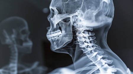 X-ray image of a human skull and neck, showcasing detailed bones and vertebrae, with a ghostly, translucent appearance.