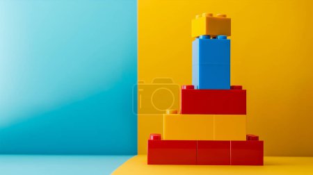 Colorful building blocks stacked against a blue and yellow background.