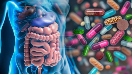 Illustration du système digestif humain avec des pilules multicolores flottantes.
