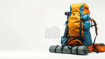 Fully packed orange and blue hiking backpack with gear on white background.