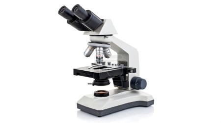 Modern microscope isolated on white, showcasing precision and advanced technology.