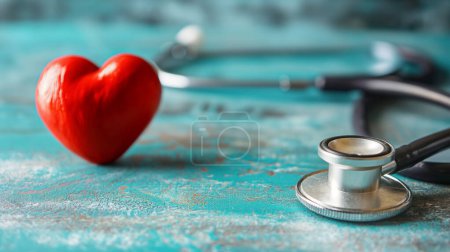 Red heart model with a stethoscope on a turquoise background, symbolizing healthcare.