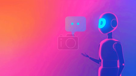 Robot with a speech bubble in a vibrant neon gradient background, symbolizing AI communication.