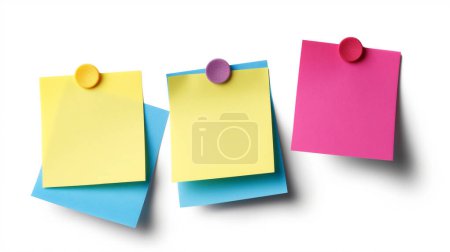 Three colorful sticky notes pinned on white background, vibrant and organized.
