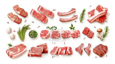 Assorted fresh meats displayed with herbs and spices on a white background.