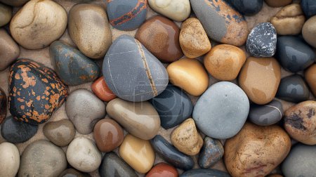 Close-up of various colorful, smooth pebbles arranged together, showcasing their diverse textures and patterns.