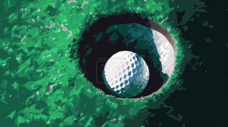 A stylized, digital art depiction of a golf ball resting on the edge of a hole, surrounded by angular, green grass patterns.