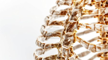 Nahaufnahme einer Wirbelsäulenstruktur mit detaillierten und strukturierten Wirbeln vor weißem Hintergrund, die die Knochenanatomie hervorhebt.