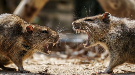 Zwei Ratten stehen einander mit offenem Mund gegenüber und scheinen sich in einer aggressiven Konfrontation zu befinden, wobei sie ihre scharfen Zähne und ihren intensiven Ausdruck zur Schau stellen..