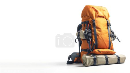Mochila de senderismo naranja con múltiples correas y compartimentos, equipada con un saco de dormir enrollado unido a la parte inferior, aislado sobre fondo blanco.