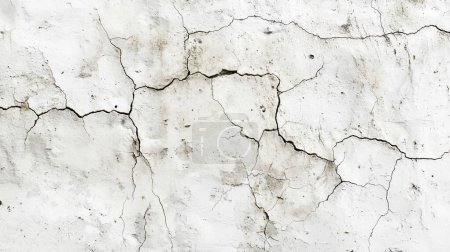 Cracked and weathered white wall with visible fractures and discoloration, creating a textured and aged appearance.