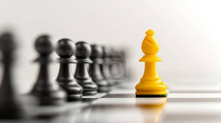 Gelbe Bischofsschachfigur ragt zwischen schwarzen Bauern auf einem Schachbrett hervor. Individualität und Führung stehen im Mittelpunkt.