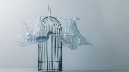 A bird inside a plastic bag attached to a birdcage symbolizes environmental issues and wildlife entanglement in plastic waste.