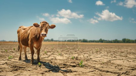 Une vache brune se tient sur une terre sèche et fissurée sous un ciel bleu clair, soulignant les défis de la sécheresse et son impact sur l'agriculture.
