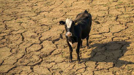Eine schwarz-weiße Kuh steht auf trockener, rissiger Erde und beleuchtet die Auswirkungen von Dürre und ökologischen Herausforderungen in der Landwirtschaft.