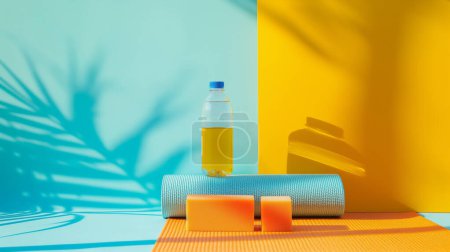Installation de fitness colorée avec une bouteille d'eau, un tapis de yoga et des blocs de mousse sur un fond jaune et turquoise vibrant avec des ombres à paumes.