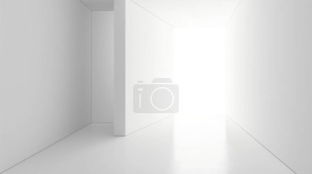 Minimalist white hallway with sharp geometric lines and a bright light at the end, creating a sense of openness and infinite space.