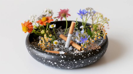 A black ashtray filled with colorful flowers and cigarette butts, symbolizing the contrast between beauty and pollution, nature and smoking.