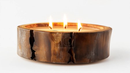 Un bougeoir en bois rustique avec trois mèches brûlantes émet une lueur chaleureuse et confortable, alliant esthétique naturelle et invitante.