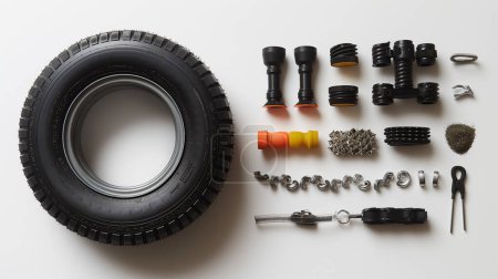 Un assortiment d'outils et de composants de réparation de pneus disposés soigneusement sur une surface blanche, y compris un pneu, des valves, des patchs et divers accessoires.