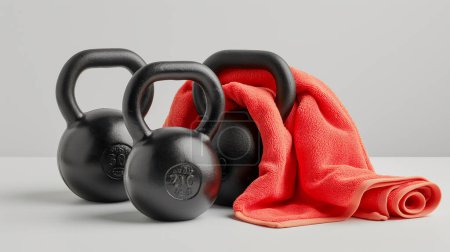 Two black kettlebells with a red towel draped over them on a light background, representing fitness and exercise equipment.