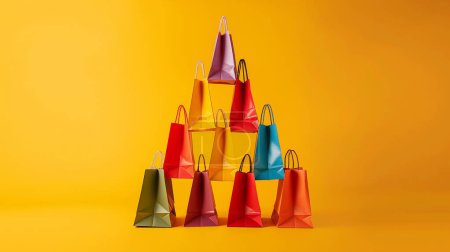 Sacs à provisions colorés disposés en forme de pyramide sur un fond jaune vif, symbolisant la vente au détail, les achats et le consumérisme.