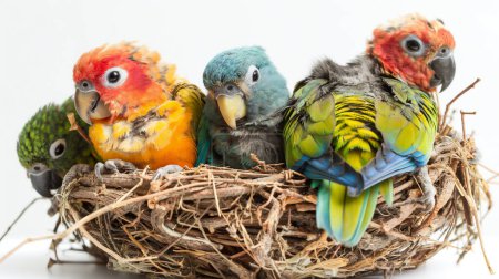 Vier bunte Baby-Papageien in einem Nest mit leuchtenden Federn in Grün-, Rot-, Gelb- und Blautönen, die eng vor weißem Hintergrund sitzen.