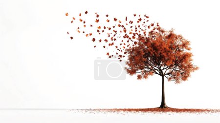 Ein einsamer Baum mit orangefarbenen Herbstblättern, von denen einige wegwehen, vor einem schroffen weißen Hintergrund, der den Wandel und das Vergehen der Zeit symbolisiert.