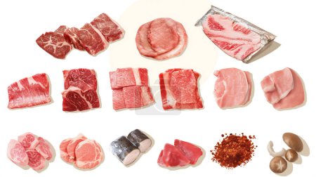 Assorted raw meat cuts, including beef and pork, displayed on a white background. Accompanied by spices and mushrooms for seasoning.