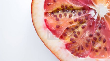 Close-up of a vibrant, juicy grapefruit slice showing its translucent, pinkish-red segments filled with seeds, set against a plain white background.