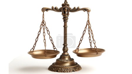 A bronze balance scale with ornate detailing, featuring two hanging pans on chains, symbolizing justice and fairness against a plain white background.