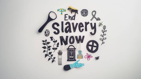"Botschaft "End Slavery Now" in fetten schwarzen Lettern, umgeben von verschiedenen symbolischen Ausschnitten, darunter Tiere, Pflanzen und Lobbysymbole, auf schlichtem weißem Hintergrund.