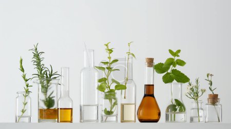 Various glass bottles and beakers containing plants, herbs, and liquids arranged in a row, showcasing botanical experiments and natural extracts.