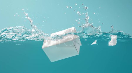 Ein weißer Karton spritzt in klares, blaues Wasser und erzeugt Wellen und Tröpfchen, mit einem ruhigen, minimalistischen Hintergrund, der den Moment des Aufpralls einfängt..