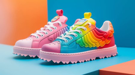 Colorful sneakers with vibrant rainbow wings and thick, jagged soles, set against a bright, playful background, showcasing fun and unique footwear design.