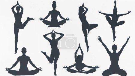 Silhouetten von Menschen, die verschiedene Yoga-Posen vor weißem Hintergrund durchführen und Flexibilität, Ausgeglichenheit und Meditation präsentieren.
