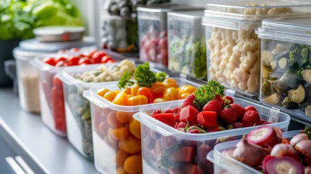 A variety of fresh fruits and vegetables neatly stored in transparent plastic containers, including strawberries, cherry tomatoes, and broccoli, on a kitchen counter.