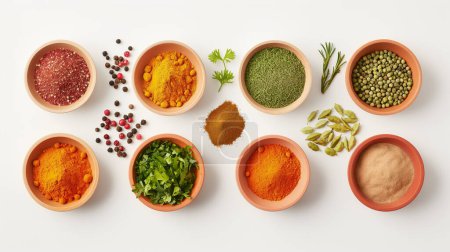 Assorted spices and herbs in clay bowls on a white background, including turmeric, paprika, cardamom, peppercorns, parsley, and rosemary, arranged neatly.