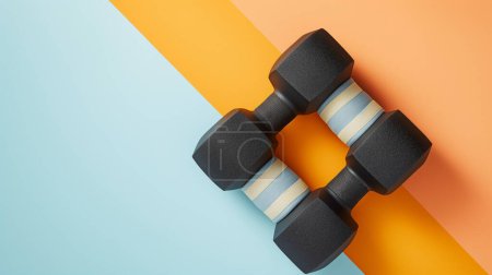 Zwei schwarze Kurzhanteln sind parallel auf pastellblauem und orangefarbenem Hintergrund angeordnet, wodurch eine lebendige und moderne Fitness-Komposition entsteht.