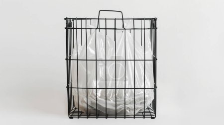 Cesta de basura de alambre negro con una bolsa de basura de plástico transparente, de pie sobre un fondo blanco liso, mostrando un diseño minimalista y funcional.