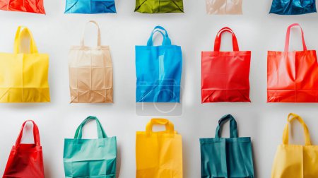 Colorful reusable shopping bags hanging on a white wall, showcasing a variety of vibrant hues and eco-friendly options.