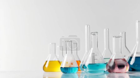 Glass laboratory flasks containing colorful liquids in blue, yellow, and pink, arranged on a reflective surface against a white background.
