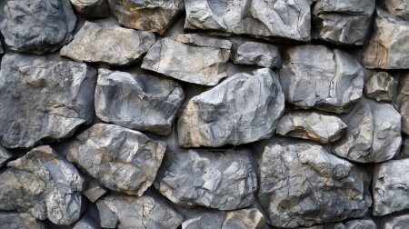 Close-up view of a textured stone wall composed of irregularly shaped gray rocks, showcasing natural patterns and cracks.