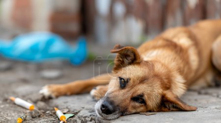 A brown dog lies on the ground, looking tired, with discarded syringes scattered nearby, evoking a sense of neglect and concern in an urban setting.