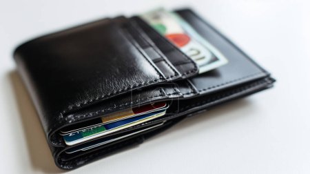 Black leather wallet with cash and credit cards partially visible, neatly organized and lying on a white surface.