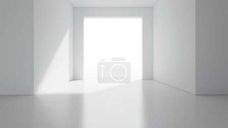 Minimalist white room with an open doorway leading to a bright light, casting soft shadows on the walls and floor, creating a serene and spacious ambiance.