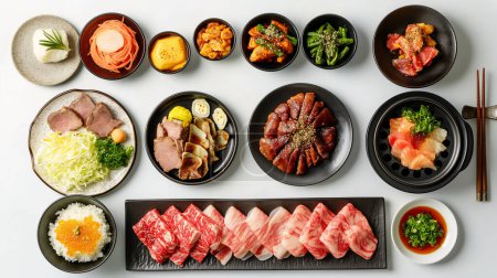A variety of Japanese dishes, including sliced meats, sushi, vegetables, rice with roe, and dipping sauces, arranged artfully on plates and bowls.